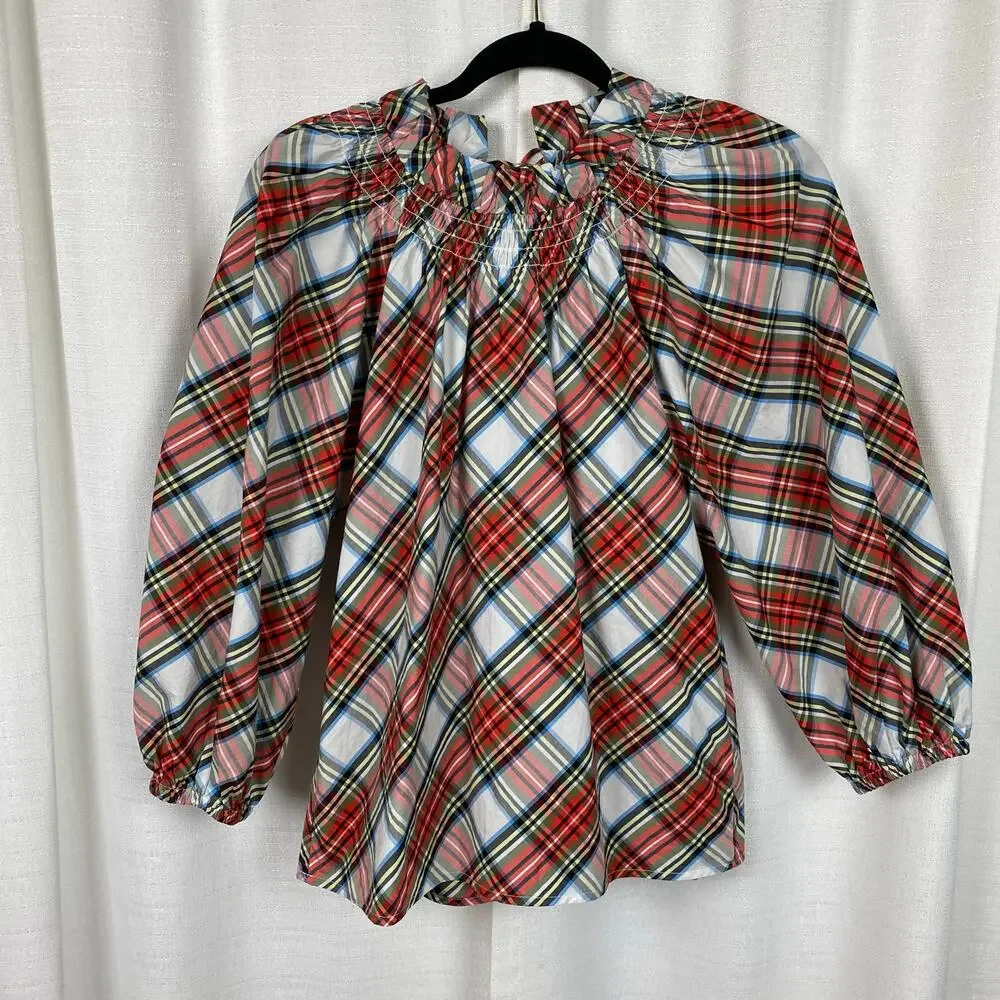 J.Crew Tartan Plaid Smocked Neck Popover Blouse Sz.XS